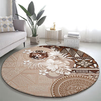 Tonga Ngatu Motifs Round Carpet With Coat Of Arms Beige