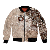 Tonga Ngatu Motifs Sleeve Zip Bomber Jacket With Coat Of Arms Beige LT05 Unisex Beige - Polynesian Pride