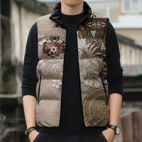 Tonga Ngatu Motifs Sleeveless Puffer Jacket With Coat Of Arms Beige