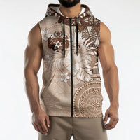 Tonga Ngatu Motifs Sleeveless Zip Hoodie With Coat Of Arms Beige