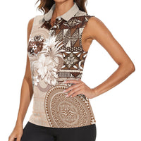 Tonga Ngatu Motifs Women Sleeveless Polo Shirt With Coat Of Arms Beige