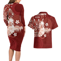 Tonga Ngatu Motifs Couples Matching Long Sleeve Bodycon Dress and Hawaiian Shirt With Coat Of Arms Red