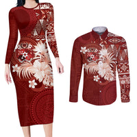 Tonga Ngatu Motifs Couples Matching Long Sleeve Bodycon Dress and Long Sleeve Button Shirt With Coat Of Arms Red