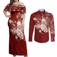 Tonga Ngatu Motifs Couples Matching Off Shoulder Maxi Dress and Long Sleeve Button Shirt With Coat Of Arms Red