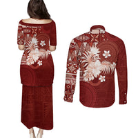 Tonga Ngatu Motifs Couples Matching Puletasi and Long Sleeve Button Shirt With Coat Of Arms Red