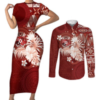Tonga Ngatu Motifs Couples Matching Short Sleeve Bodycon Dress and Long Sleeve Button Shirt With Coat Of Arms Red