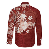 Tonga Ngatu Motifs Family Matching Long Sleeve Bodycon Dress and Hawaiian Shirt With Coat Of Arms Red LT05 - Polynesian Pride