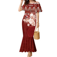 Tonga Ngatu Motifs Family Matching Mermaid Dress and Hawaiian Shirt With Coat Of Arms Red