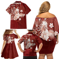 Tonga Ngatu Motifs Family Matching Off Shoulder Short Dress and Hawaiian Shirt With Coat Of Arms Red