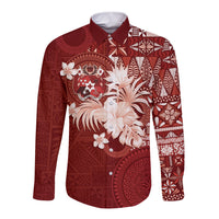 Tonga Ngatu Motifs Long Sleeve Button Shirt With Coat Of Arms Red