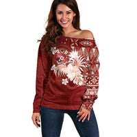 Tonga Ngatu Motifs Off Shoulder Sweater With Coat Of Arms Red