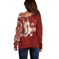Tonga Ngatu Motifs Off Shoulder Sweater With Coat Of Arms Red