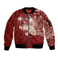 Tonga Ngatu Motifs Sleeve Zip Bomber Jacket With Coat Of Arms Red LT05 Unisex Red - Polynesian Pride