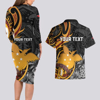 Personalised Papua New Guinea Couples Matching Long Sleeve Bodycon Dress and Hawaiian Shirt Happy 50th Independence Anniversary - Polynesian Pride
