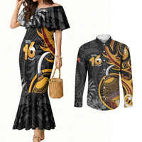 Personalised Papua New Guinea Couples Matching Mermaid Dress and Long Sleeve Button Shirt Happy Independence Day LT05 Black - Polynesian Pride