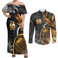 Personalised Papua New Guinea Couples Matching Off Shoulder Maxi Dress and Long Sleeve Button Shirt Happy Independence Day LT05 Black - Polynesian Pride