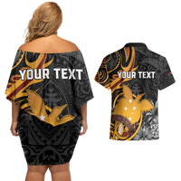 Personalised Papua New Guinea Couples Matching Off Shoulder Short Dress and Hawaiian Shirt Happy 50th Independence Anniversary - Polynesian Pride