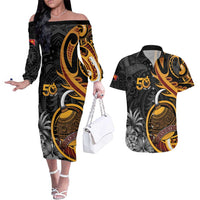 Personalised Papua New Guinea Couples Matching Off The Shoulder Long Sleeve Dress and Hawaiian Shirt Happy Independence Day LT05 Black - Polynesian Pride