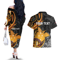 Personalised Papua New Guinea Couples Matching Off The Shoulder Long Sleeve Dress and Hawaiian Shirt Happy 50th Independence Anniversary - Polynesian Pride
