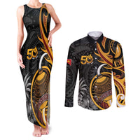 Personalised Papua New Guinea Couples Matching Tank Maxi Dress and Long Sleeve Button Shirt Happy Independence Day LT05 Black - Polynesian Pride