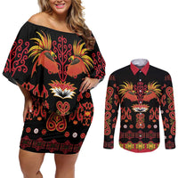 Papua Batik Motif Couples Matching Off Shoulder Short Dress and Long Sleeve Button Shirt Papua Spirit Black Version - Polynesian Pride