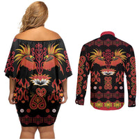 Papua Batik Motif Couples Matching Off Shoulder Short Dress and Long Sleeve Button Shirt Papua Spirit Black Version - Polynesian Pride
