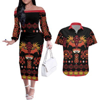 Papua Batik Motif Couples Matching Off The Shoulder Long Sleeve Dress and Hawaiian Shirt Papua Spirit Black Version - Polynesian Pride