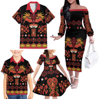 Papua Batik Motif Family Matching Off The Shoulder Long Sleeve Dress and Hawaiian Shirt Papua Spirit Black Version - Polynesian Pride