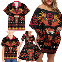 Papua Batik Motif Family Matching Off Shoulder Short Dress and Hawaiian Shirt Papua Spirit Black Version - Polynesian Pride