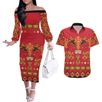 Papua Batik Motif Couples Matching Off The Shoulder Long Sleeve Dress and Hawaiian Shirt Papua Spirit Red Version - Polynesian Pride