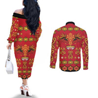 Papua Batik Motif Couples Matching Off The Shoulder Long Sleeve Dress and Long Sleeve Button Shirt Papua Spirit Red Version - Polynesian Pride