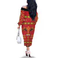Papua Batik Motif Family Matching Off The Shoulder Long Sleeve Dress and Hawaiian Shirt Papua Spirit Red Version - Polynesian Pride
