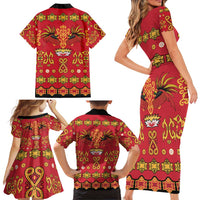 Papua Batik Motif Family Matching Short Sleeve Bodycon Dress and Hawaiian Shirt Papua Spirit Red Version - Polynesian Pride