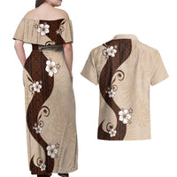 Polynesia Hibiscus Couples Matching Off Shoulder Maxi Dress and Hawaiian Shirt Cameo Curve Motif - Polynesian Pride