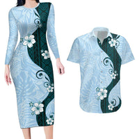 Polynesia Hibiscus Couples Matching Long Sleeve Bodycon Dress and Hawaiian Shirt Sky Blue Curve Motif - Polynesian Pride