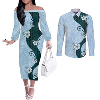 Polynesia Hibiscus Couples Matching Off The Shoulder Long Sleeve Dress and Long Sleeve Button Shirt Sky Blue Curve Motif - Polynesian Pride