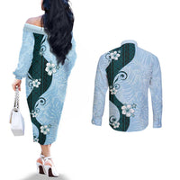Polynesia Hibiscus Couples Matching Off The Shoulder Long Sleeve Dress and Long Sleeve Button Shirt Sky Blue Curve Motif - Polynesian Pride