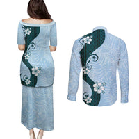 Polynesia Hibiscus Couples Matching Puletasi and Long Sleeve Button Shirt Sky Blue Curve Motif - Polynesian Pride