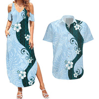 Polynesia Hibiscus Couples Matching Summer Maxi Dress and Hawaiian Shirt Sky Blue Curve Motif - Polynesian Pride