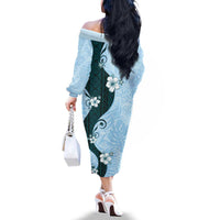 Polynesia Hibiscus Family Matching Off The Shoulder Long Sleeve Dress and Hawaiian Shirt Sky Blue Curve Motif - Polynesian Pride