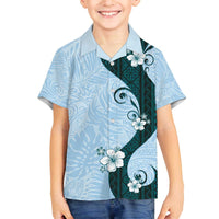 Polynesia Hibiscus Family Matching Off The Shoulder Long Sleeve Dress and Hawaiian Shirt Sky Blue Curve Motif - Polynesian Pride