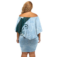 Polynesia Hibiscus Family Matching Off Shoulder Short Dress and Hawaiian Shirt Sky Blue Curve Motif - Polynesian Pride