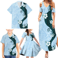 Polynesia Hibiscus Family Matching Summer Maxi Dress and Hawaiian Shirt Sky Blue Curve Motif - Polynesian Pride
