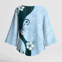 Polynesia Hibiscus Kimono Sleeve Blouse Sky Blue Curve Motif - Polynesian Pride
