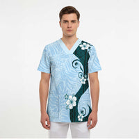 Polynesia Hibiscus Scrub Top Sky Blue Curve Motif - Polynesian Pride