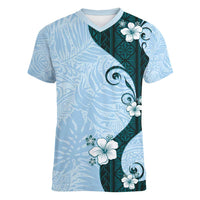 Polynesia Hibiscus Women V-Neck T-Shirt Sky Blue Curve Motif - Polynesian Pride