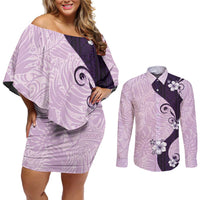 Polynesia Hibiscus Couples Matching Off Shoulder Short Dress and Long Sleeve Button Shirt Thistle Curve Motif - Polynesian Pride