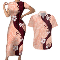 Polynesia Hibiscus Couples Matching Short Sleeve Bodycon Dress and Hawaiian Shirt Rose Bud Curve Motif - Polynesian Pride