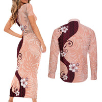 Polynesia Hibiscus Couples Matching Short Sleeve Bodycon Dress and Long Sleeve Button Shirt Rose Bud Curve Motif - Polynesian Pride