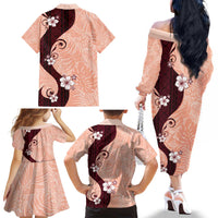 Polynesia Hibiscus Family Matching Off The Shoulder Long Sleeve Dress and Hawaiian Shirt Rose Bud Curve Motif - Polynesian Pride